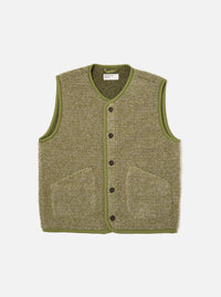 The Light Olive Alvar Fleece Lancaster Gilet is presented as a flat lay against a plain white background. The sleeveless garment is made from a textured light olive fleece and features a rounded shawl collar, a central five-button closure, and three patch pockets: one on the chest and two at the waist.