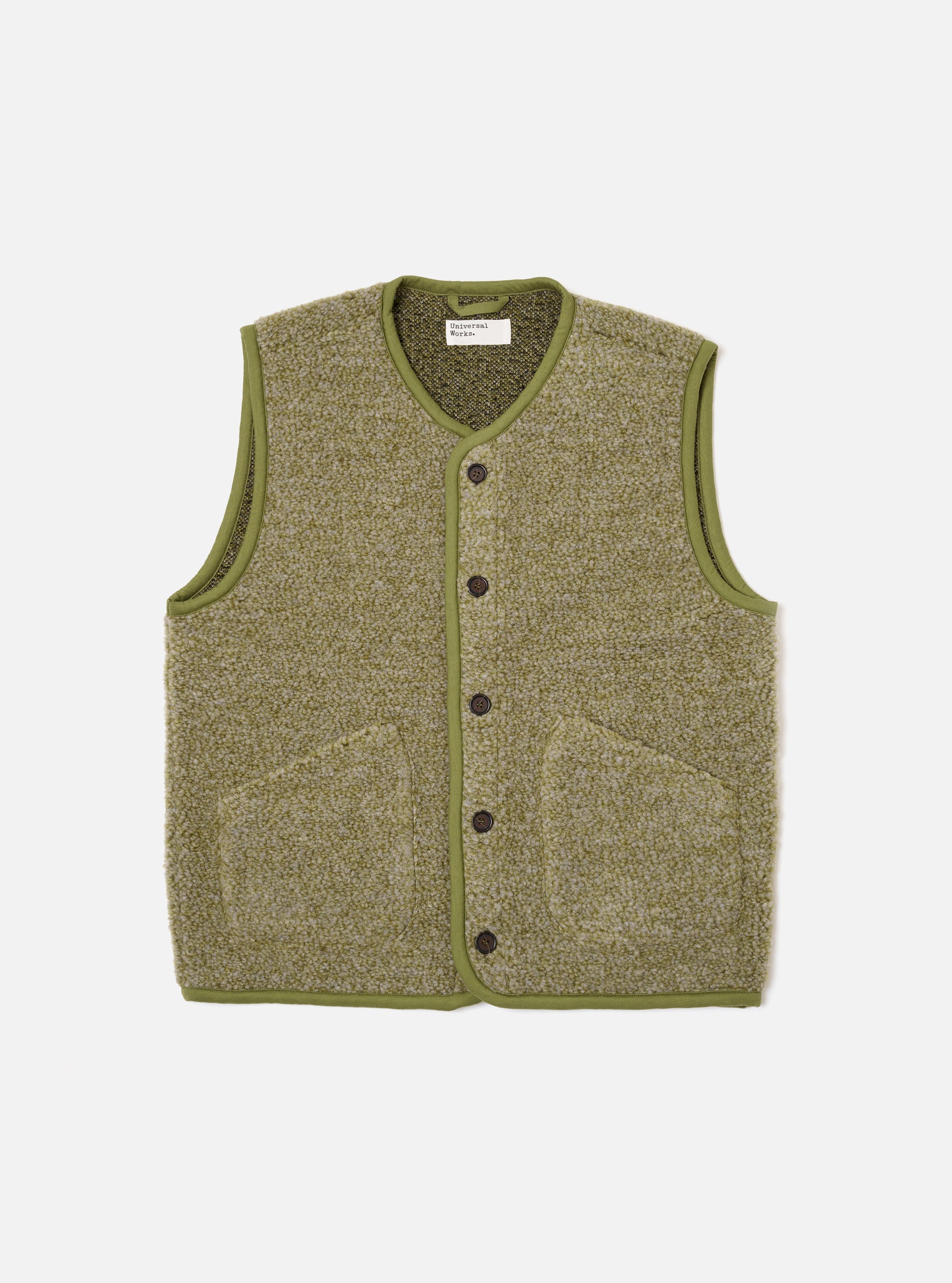 The Light Olive Alvar Fleece Lancaster Gilet is presented as a flat lay against a plain white background. The sleeveless garment is made from a textured light olive fleece and features a rounded shawl collar, a central five-button closure, and three patch pockets: one on the chest and two at the waist.