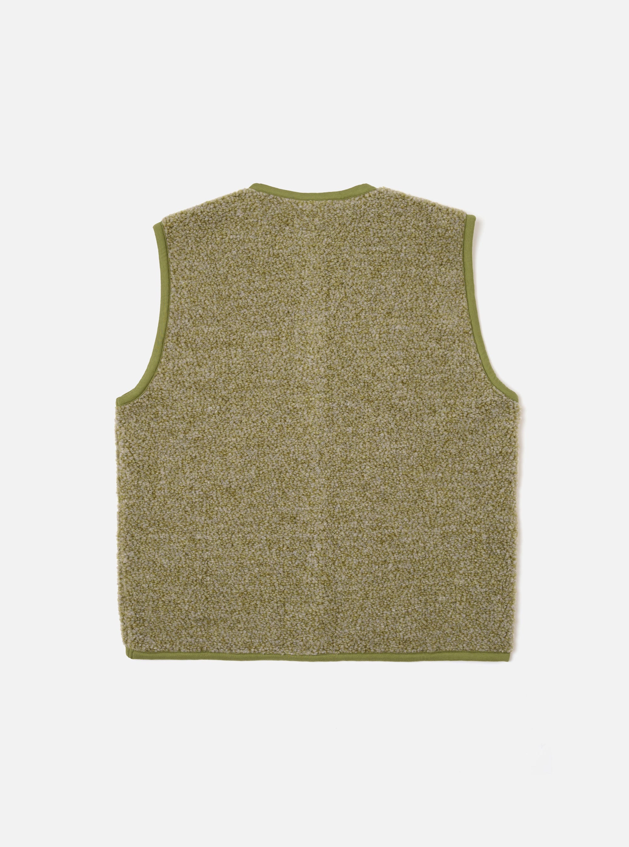 The Light Olive Alvar Fleece Lancaster Gilet is shown from the back as a flat lay against a plain white background. The image highlights the sleeveless design and the textured light olive green fleece fabric. It features a simple one-piece back panel and a curved hem.