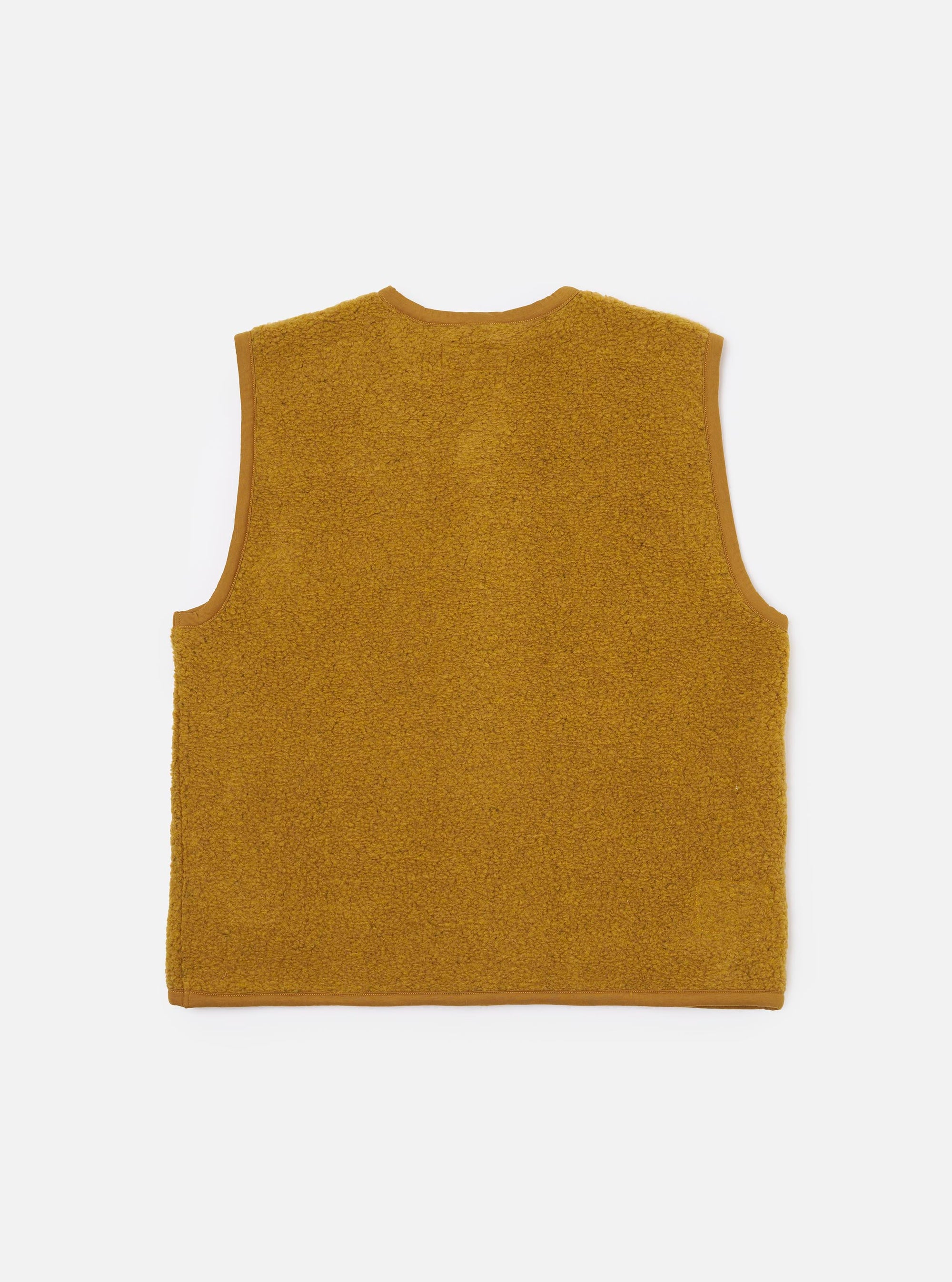 The Yellow Alvar Fleece Lancaster Gilet is shown from the back as a flat lay against a white background. The image highlights the gilet's rounded hem, central seam detail, and the soft, textured fleece fabric.