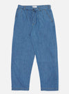 The Washed Indigo 8oz Slub Denim Dutch Pant is shown as a flat lay against a white background. The trousers feature a wide-leg silhouette, an elasticated waistband with side button adjusters, and a button fly. The 8oz slub denim fabric has a visible textured grain in a washed indigo blue.