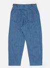 The Washed Indigo 8oz Slub Denim Dutch Pant is shown from the back as a flat lay against a plain white background. The image highlights the wide-leg silhouette, the elasticated waistband with side button adjusters, and two large rear patch pockets. The 100% recycled cotton denim features a visible slub texture and a faded indigo wash with distinct stitching details.
