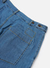 The Washed Indigo 8oz Slub Denim Dutch Pant is shown from the back as a flat lay against a plain white background. The image highlights two large rear patch pockets and the wide-leg silhouette of the trousers. The light blue denim fabric features a visible washed, slubby texture.