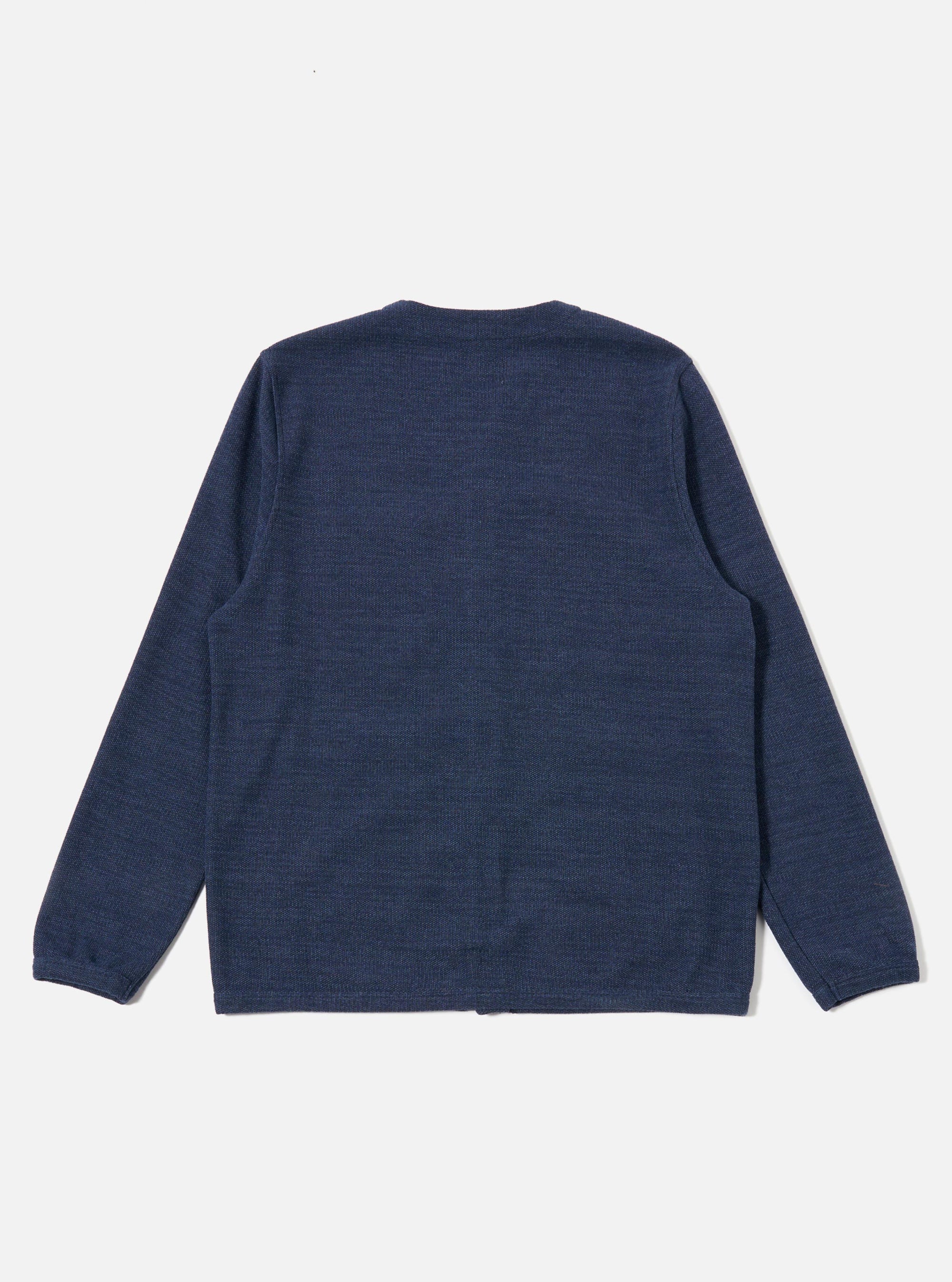 The Navy Maiorca Jersey Cardigan is shown from the back as a flat lay against a white background. The garment features a curved V-neck collar and visible tonal stitching across the upper back and armholes. The cotton rib-bound hem and cuffs are clearly visible.