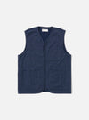 The Navy Maiorca Jersey Zip Gilet is presented as a flat lay against a plain white background. The gilet features a central zip-front closure and two large patch pockets at the waist. The navy blue garment is made from a textured jersey fabric and finished with a simple, clean neckline.