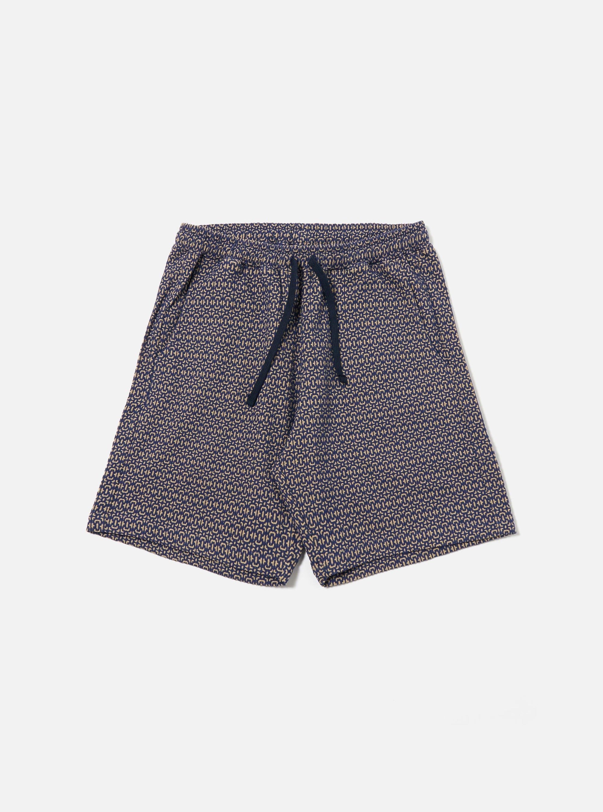 The Navy Konos Cotton Simple Short is shown as a flat lay against a plain white background. The shorts feature an elasticated waistband and side pockets. The navy blue cotton fabric has a visible tonal pattern throughout.