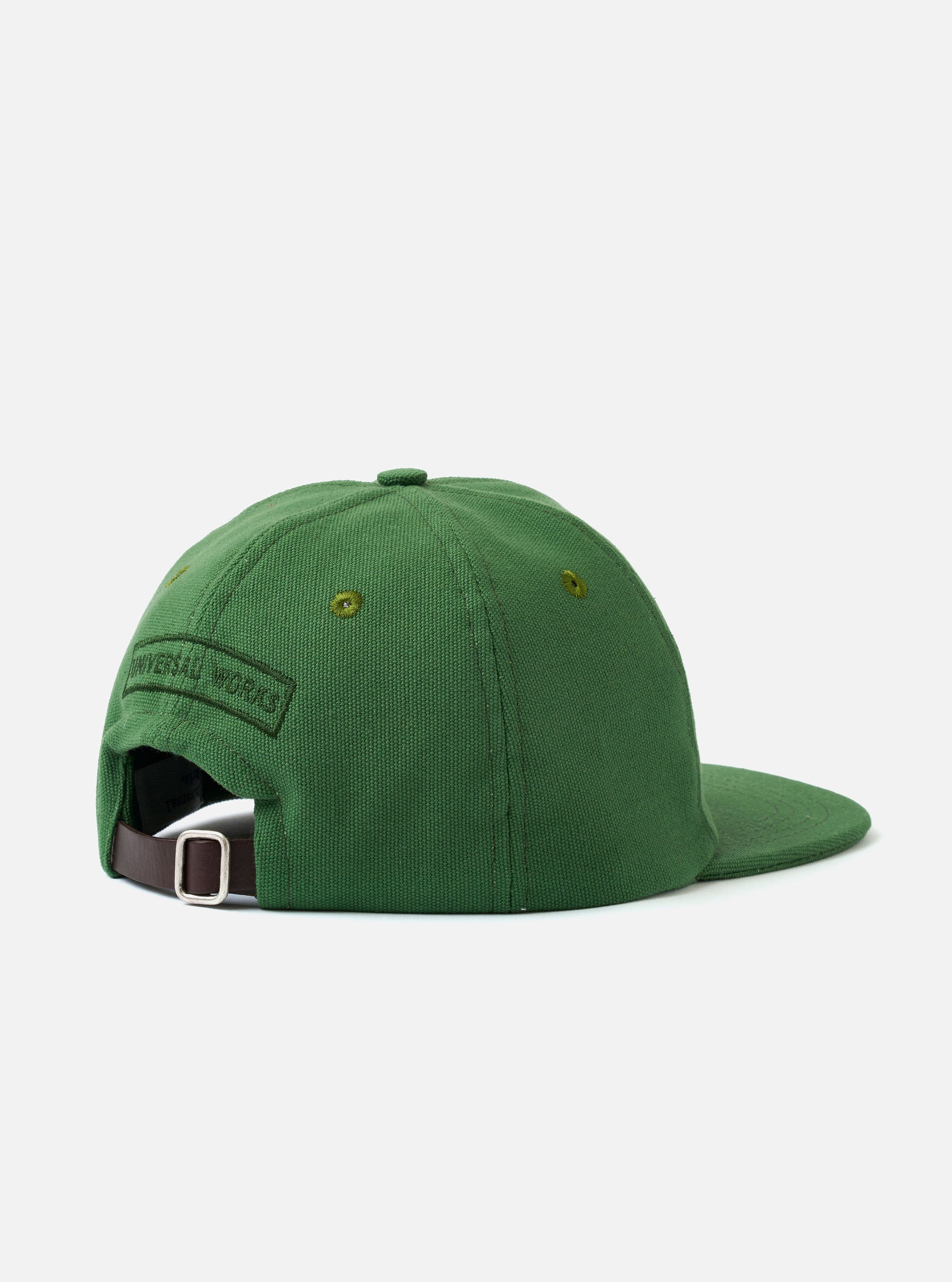 The Green Canvas Baseball Hat is shown from the back as a flat lay against a white background. The image highlights the adjustable strap with a metal buckle and the structured six-panel construction of the crown.
