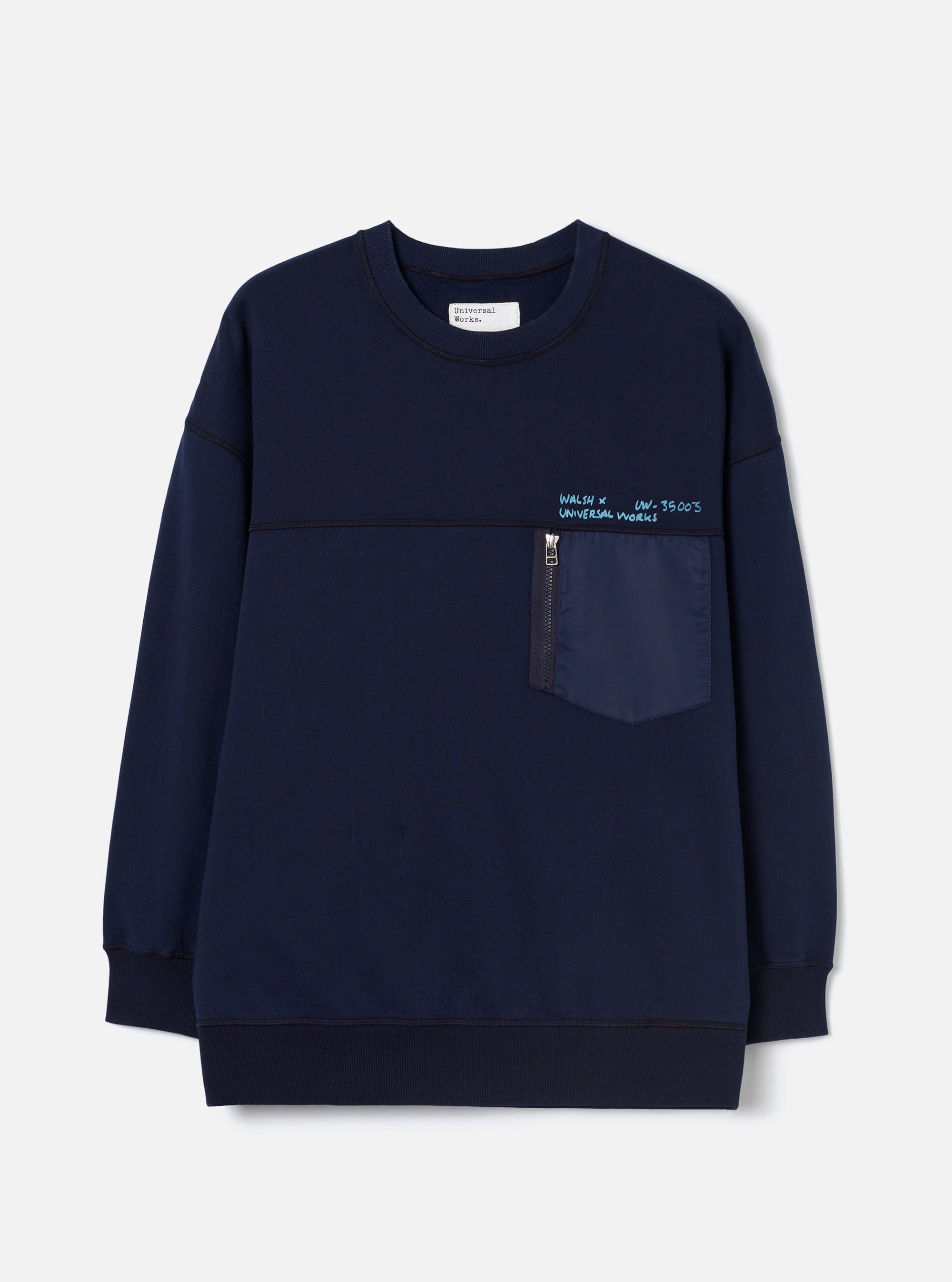 Walsh x Universal Works Navy Brushback Sweat Panelled Loose Sweatshirt