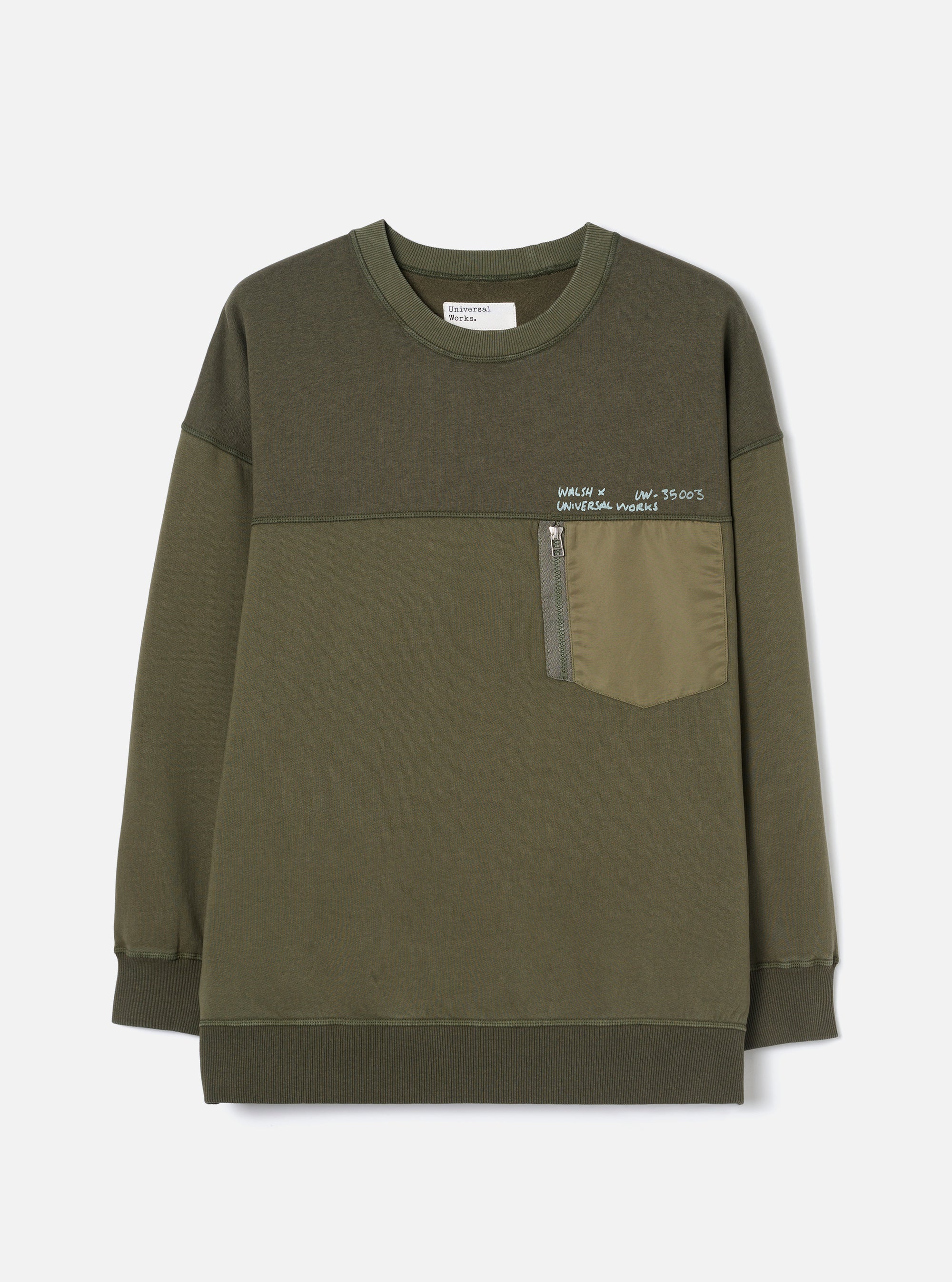 Walsh x Universal Works Olive Brushback Sweat Panelled Loose Sweatshirt