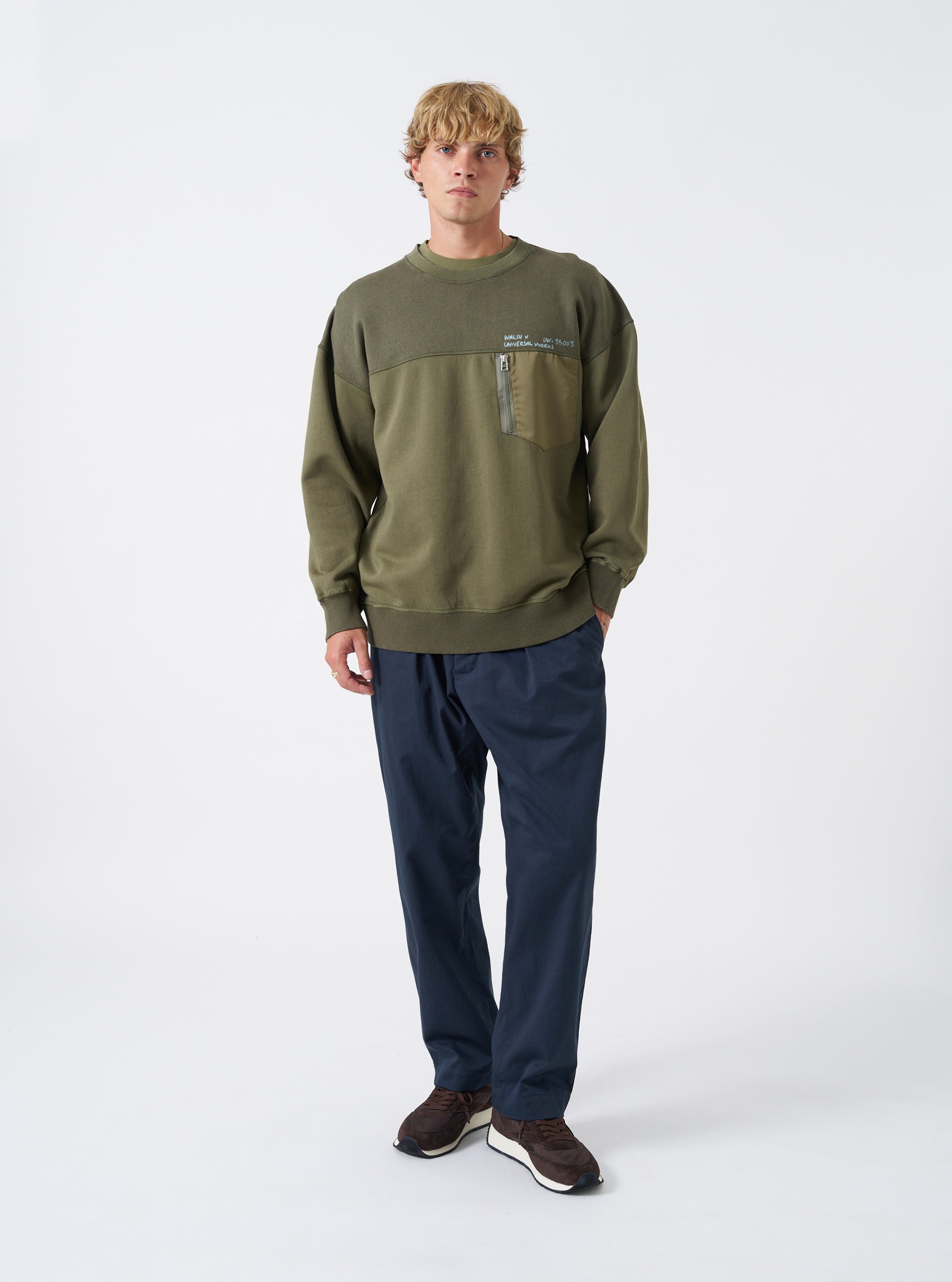 Walsh x Universal Works Olive Brushback Sweat Panelled Loose Sweatshirt