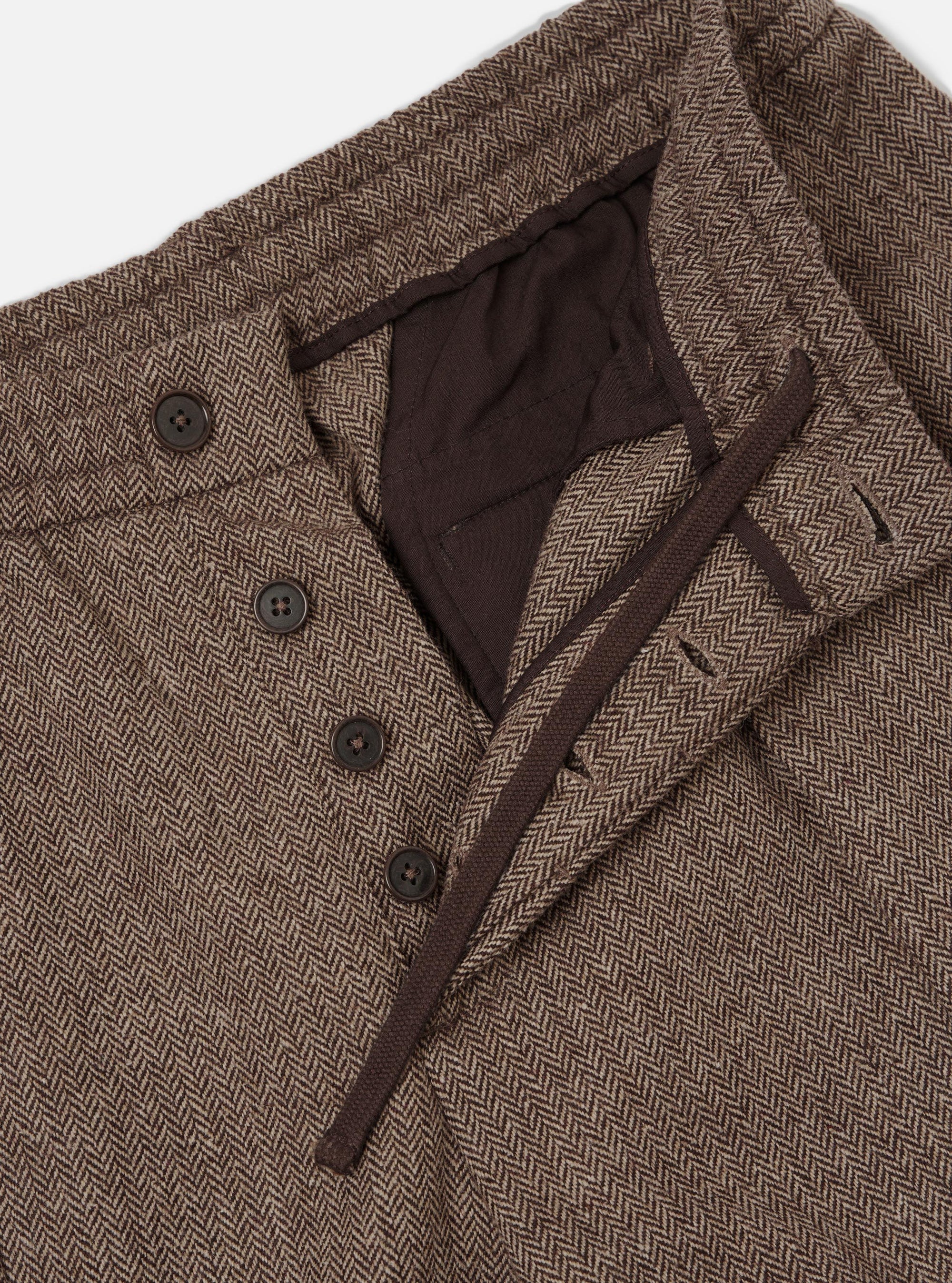 Brown Wool Herringbone Pleated Track Pant
