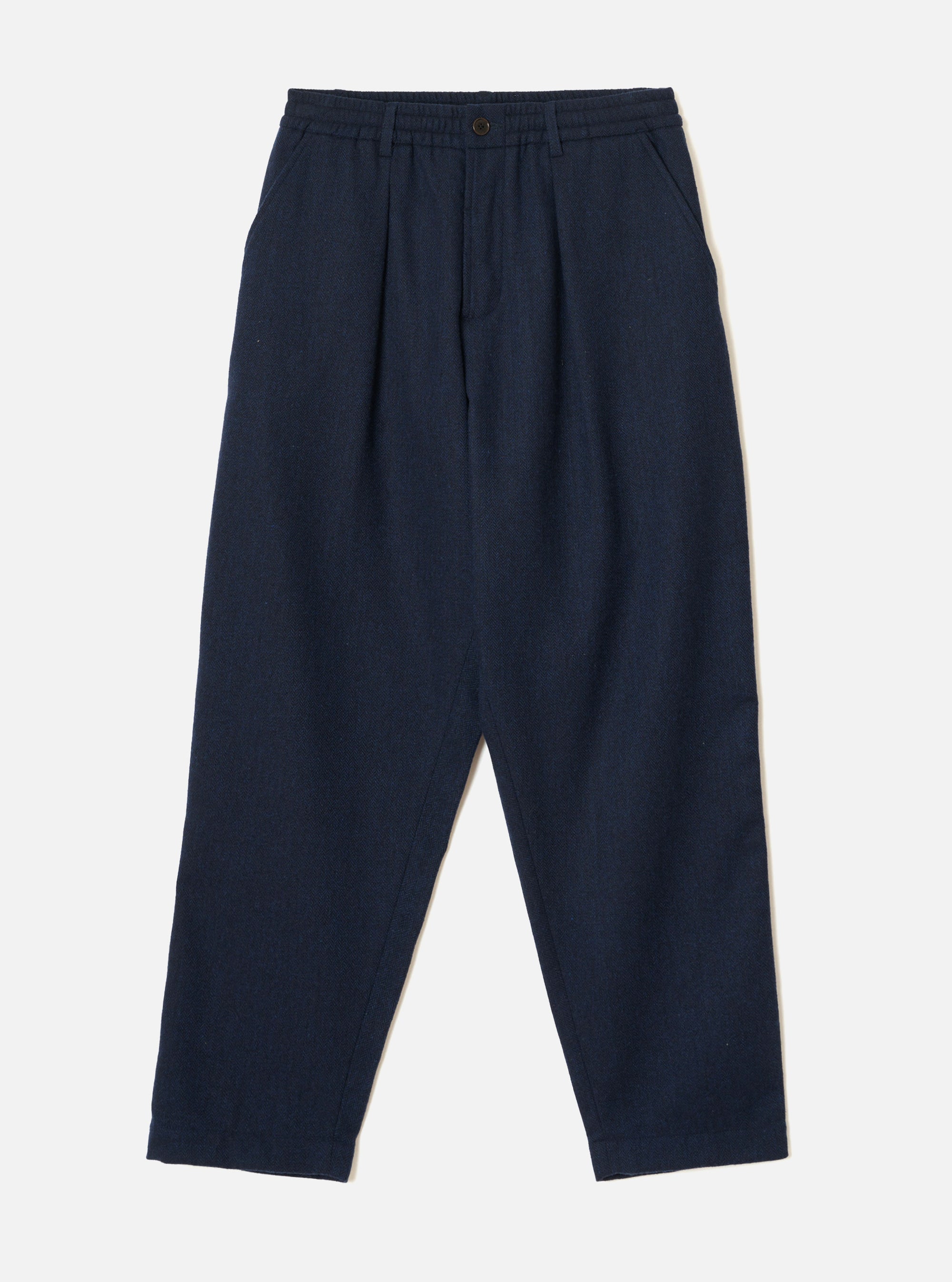 Navy Wool Herringbone Pleated Track Pant