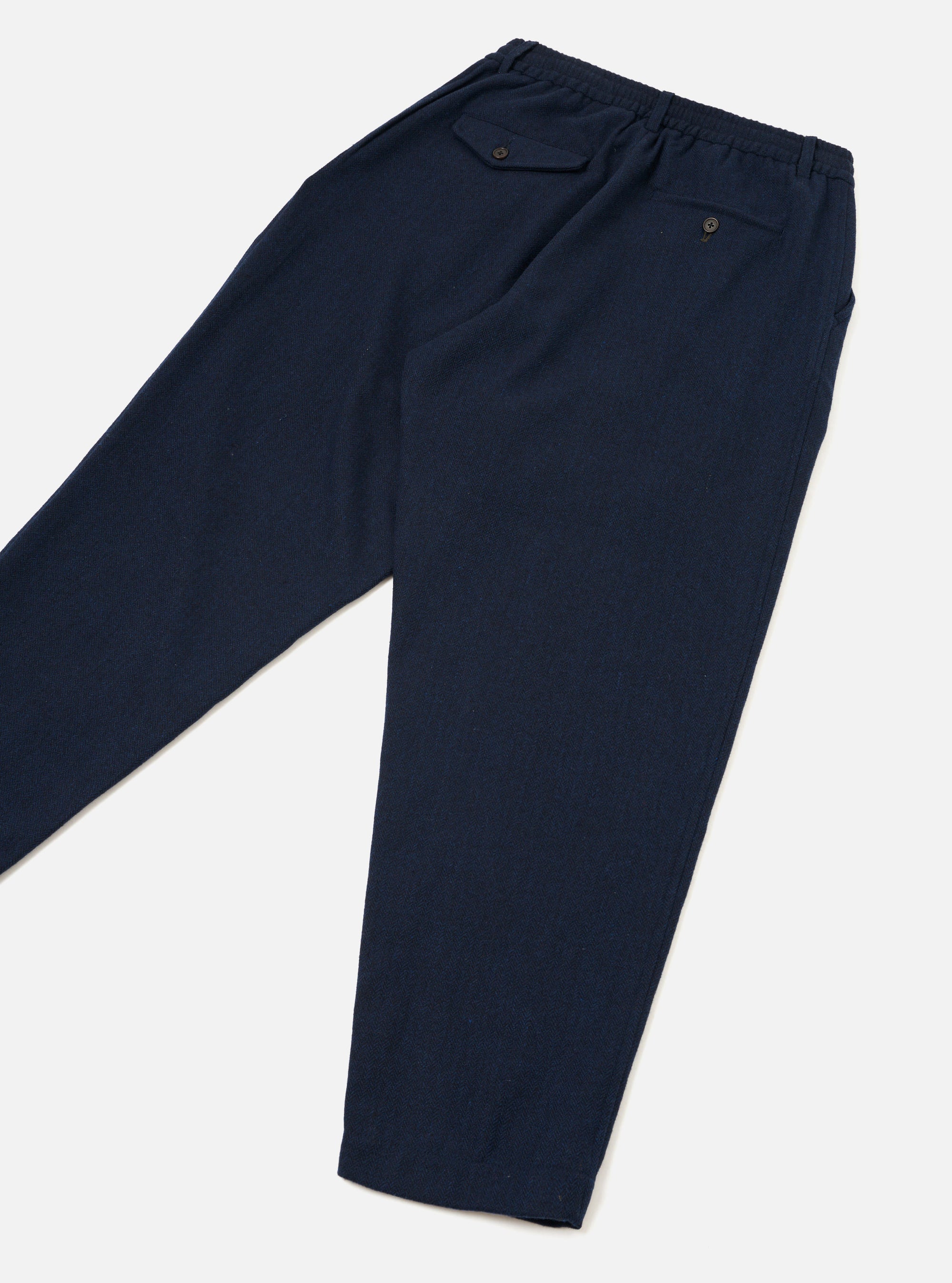 Navy Wool Herringbone Pleated Track Pant