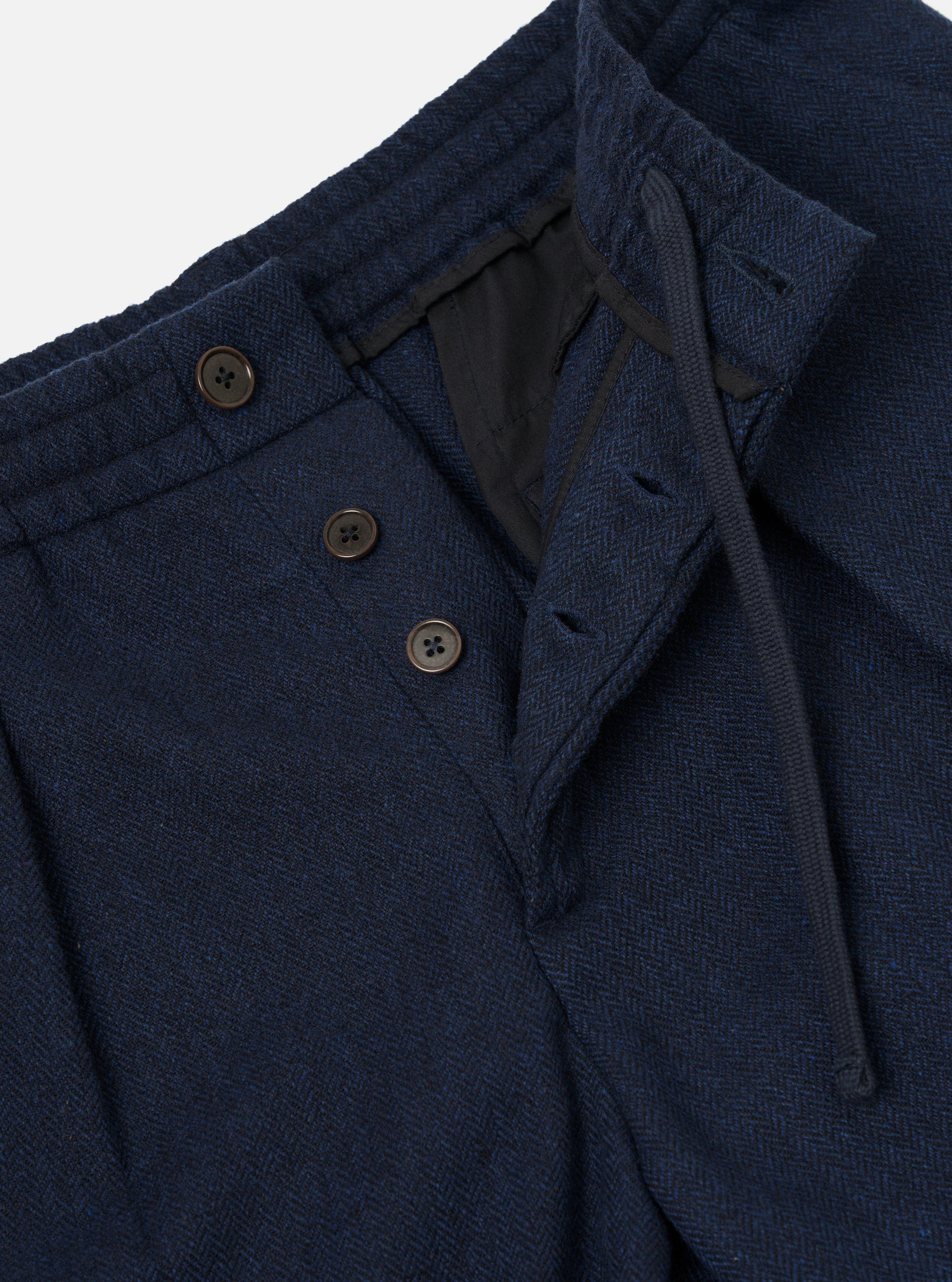 Navy Wool Herringbone Pleated Track Pant