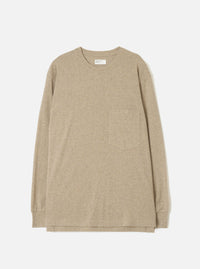 Dark sand marl long-sleeve pocket tee in recycled wool mix jersey, laid flat on a white studio backdrop. Features a crew neck, single patch chest pocket, ribbed cuffs, and a straight hem. A Universal Works woven label sits at the inside neckline.