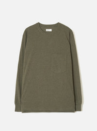 Olive marl long-sleeve pocket tee in a recycled wool mix fabric, laid flat on a light grey seamless backdrop. Features a ribbed crew neck, single patch chest pocket, ribbed cuffs, and a straight hem. A woven brand label sits at the back neck. The muted, flecked texture of the fabric is visible across the body.
