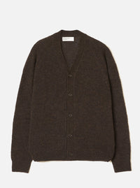 Brown alpaca knit cardigan laid flat on a light grey seamless backdrop. Deep V-neckline with a five-button placket in dark tonal buttons. Raglan sleeves with ribbed cuffs and a ribbed hem. Soft, slightly fluffy knit texture throughout. Universal Works woven label visible at the inner neckline.