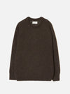 Brown alpaca knit crew neck sweater laid flat on a light grey studio backdrop. Ribbed crew neck collar with a woven Universal Works label at the back. Soft, slightly fluffy alpaca knit texture throughout. Ribbed cuffs and hem. Long sleeves. No fastenings.