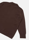 Flat lay detail shot of an espresso brown merino long-sleeve pullover knit shirt on a light grey seamless backdrop. The image shows the upper back, shoulder and one full sleeve. A ribbed polo collar is visible at the top, with a fine knit texture throughout. The cuff is ribbed and the hem has a clean ribbed finish.