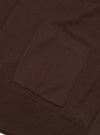 Close-up flat lay of the lower section of an espresso brown merino cardigan. A square patch pocket sits above a ribbed hem band. The fine knit texture is visible across the body. Plain white studio backdrop.