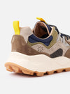 The Flower Mountain Dark Grey/Brown Suede/Nylon Yamano 3 Man sneakers are shown from a rear angle against a plain white background. The image highlights the dark grey technical fabric upper with overlapping brown suede inserts and the beige rubber sole with a distinct toothed tread. A dark brown webbing pull tab is visible at the heel.