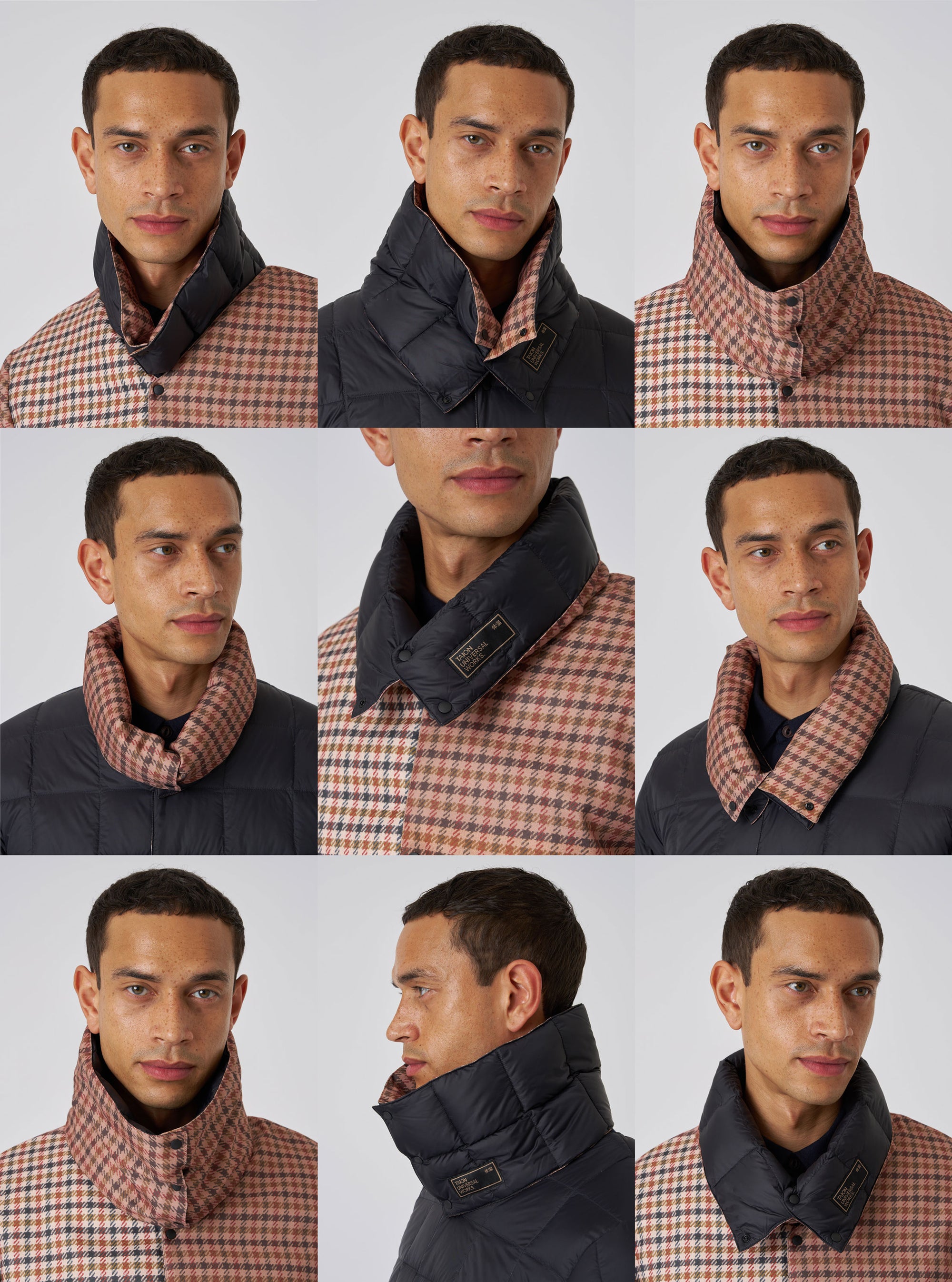 A model showcases the TAION x Universal Works Reversible Black Military Line Neck Warmer. The neck warmer is reversible, featuring black quilted nylon on one side and a brown houndstooth pattern on the other.