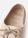 The Paraboot x Universal Works Thiers/Jannu in Sand Leather/Suede is shown from a high-angle rear view as a flat lay against a plain white background. The image highlights the light beige sand-colored suede upper, the dark brown leather piping along the heel and opening, and the thick, textured tan rubber sole.