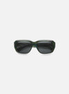 A. SOCIETY x Universal Works Green Aberdeen Sunglasses on a white surface. Green havana frame with dark lenses. 