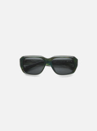 A. SOCIETY x Universal Works Green Aberdeen Sunglasses on a white surface. Green havana frame with dark lenses. 