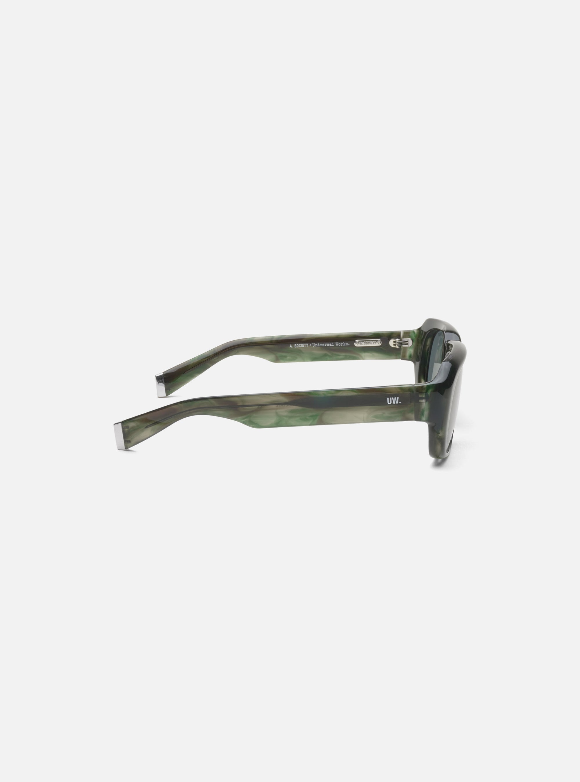Side view of A. SOCIETY x Universal Works Green Aberdeen Sunglasses on a white background. Green marbled frames with silver accents. 'UW' logo on the side.