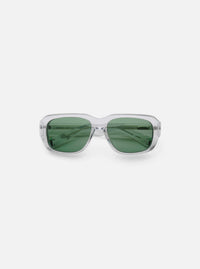 Close-up of A. SOCIETY x Universal Works Grey Aberdeen Sunglasses on a white background. The frames are clear grey and the lenses are green.