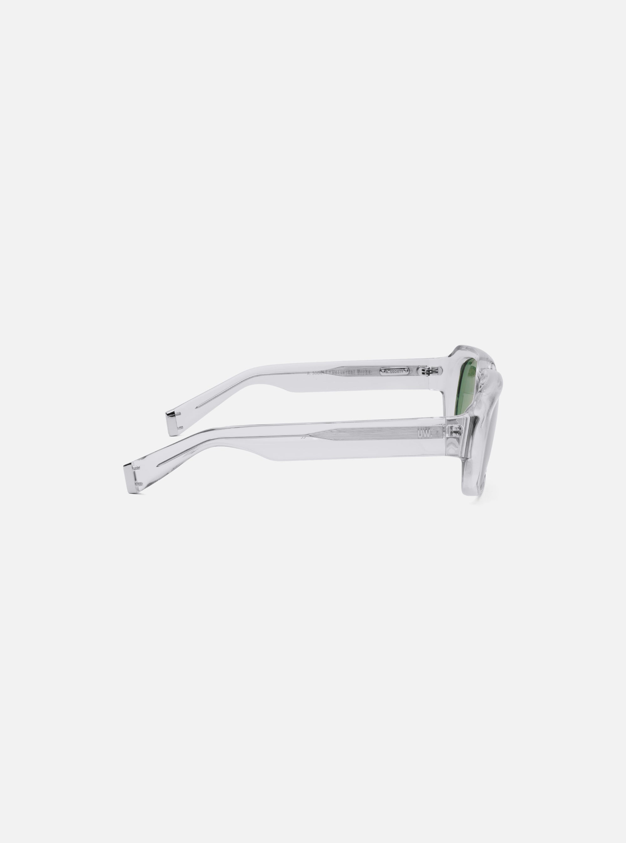 Side view of A. SOCIETY x Universal Works Grey Aberdeen Sunglasses on a white background. The frames are a translucent grey, and the lenses are green.