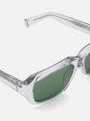 Close-up of A. SOCIETY x Universal Works Grey Aberdeen Sunglasses. Clear grey acetate frame, green lenses. Shot on white background.