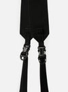 Close-up of the black nylon straps and plastic buckles of the F/CE.® Black Nylon Cordura Sil Sacoche against a white backdrop. The straps are textured and the buckles are matte.