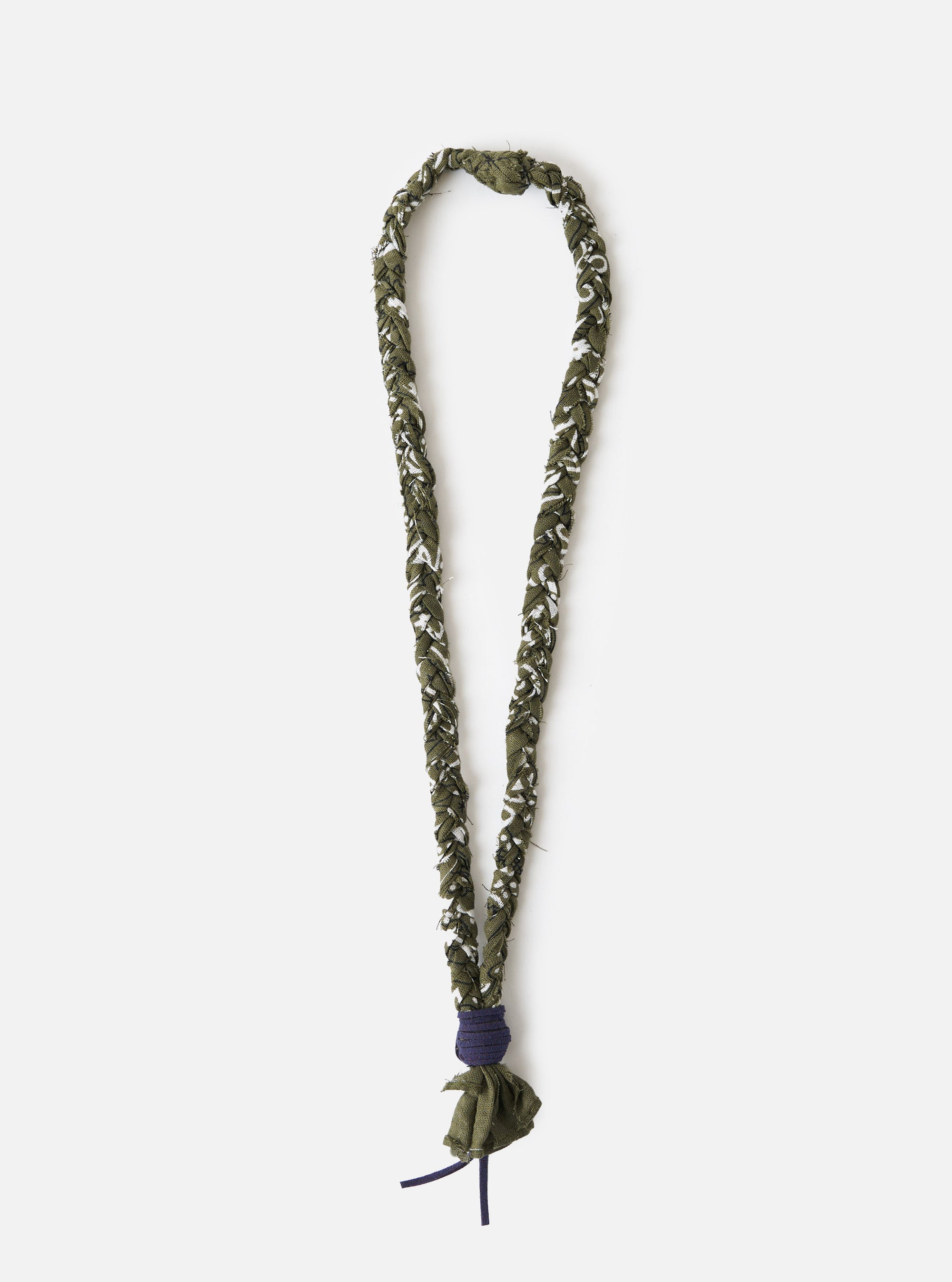 An overhead image of the Hanami of Rome Military Green/Blue Leather Bandana Necklace No.46 on a white background. The necklace is a mixture of green, blue and white in an assymetric pattern.
