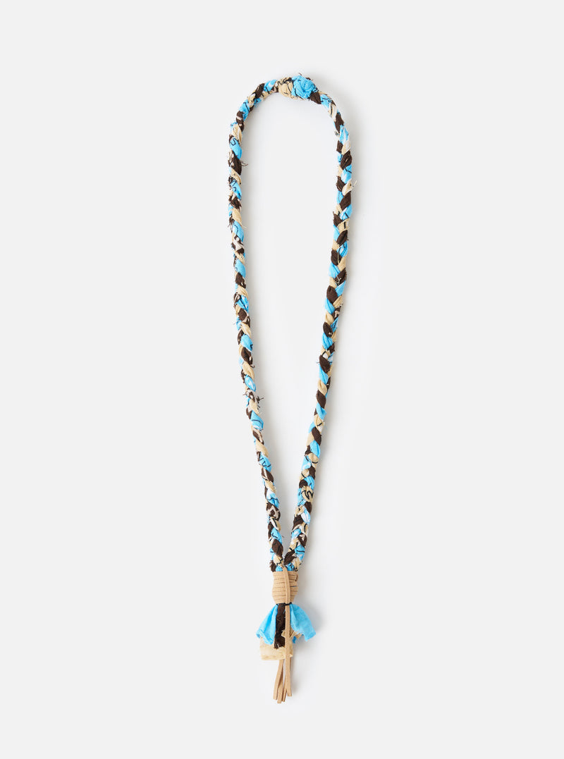 Hanami of Rome Light Blue/Beige/Brown Leather Bandana Necklace No.50 on a white background. The necklace features a braided design with a leather pendant.