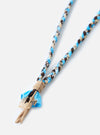 Close-up of the Hanami of Rome Light Blue/Beige/Brown Leather Bandana Necklace No.50 on a white background. The necklace features braided fabric and leather details.