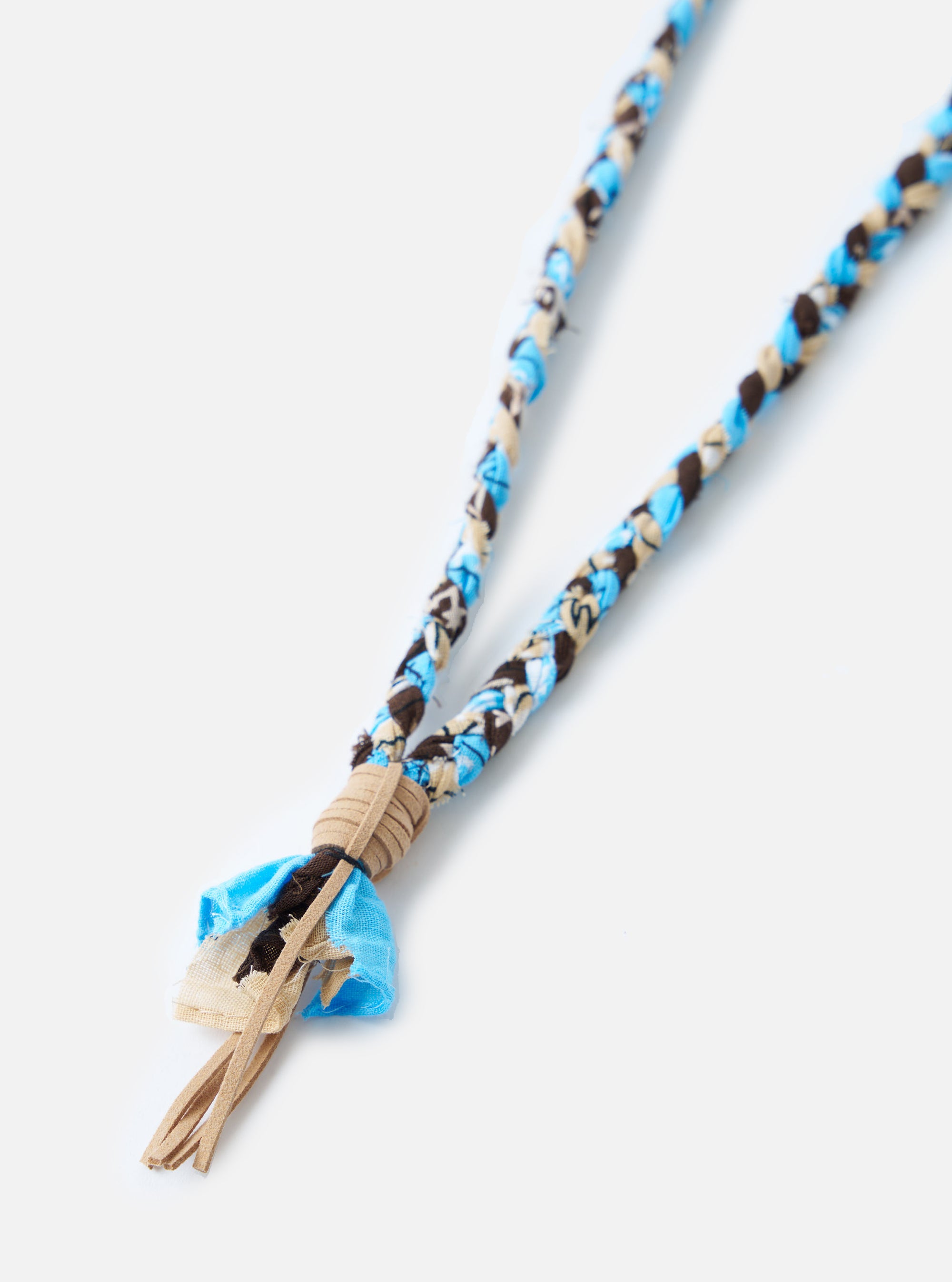 Close-up of the Hanami of Rome Light Blue/Beige/Brown Leather Bandana Necklace No.50 on a white background. The necklace features braided fabric and leather details.