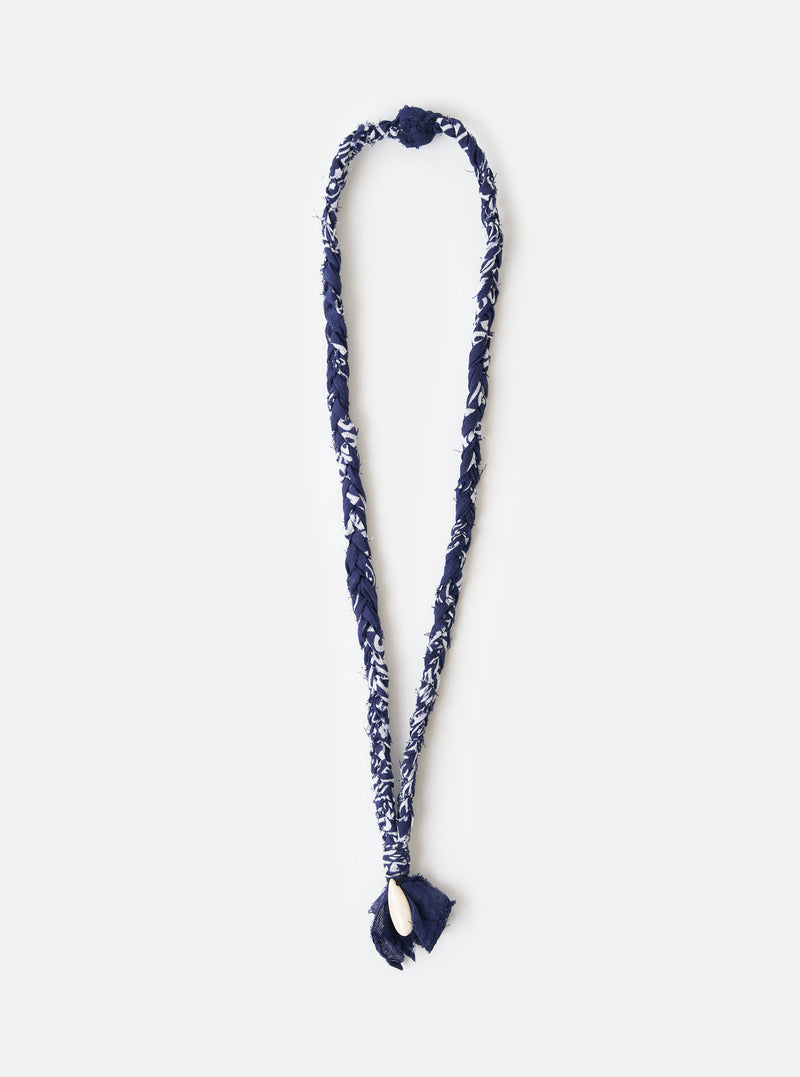 Hanami of Rome Blue/White Turquoise Pendant Bandana Necklace No.51 on a white background. The necklace is made of braided blue and white fabric with a turquoise pendant.