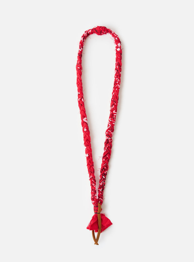Hanami of Rome Red/Brown Leather Bandana Necklace No.52 on a white background. The necklace features a red and white braided fabric and brown leather accents.