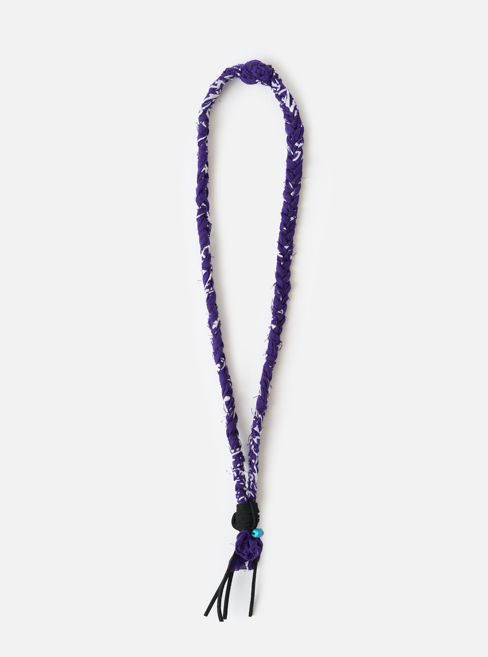 Hanami of Rome Purple/Black Leather/Turquoise Bead Bandana Necklace No.54 on a white background. The necklace features a purple and white braided band with black leather and a turquoise bead.