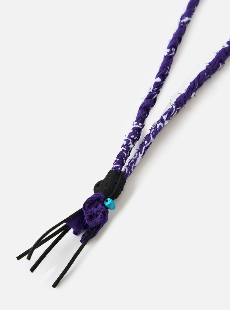 Hanami of Rome Purple/Black Leather/Turquoise Bead Bandana Necklace No.54 on a white background. The necklace features purple bandana fabric, black leather strands, and a turquoise bead.
