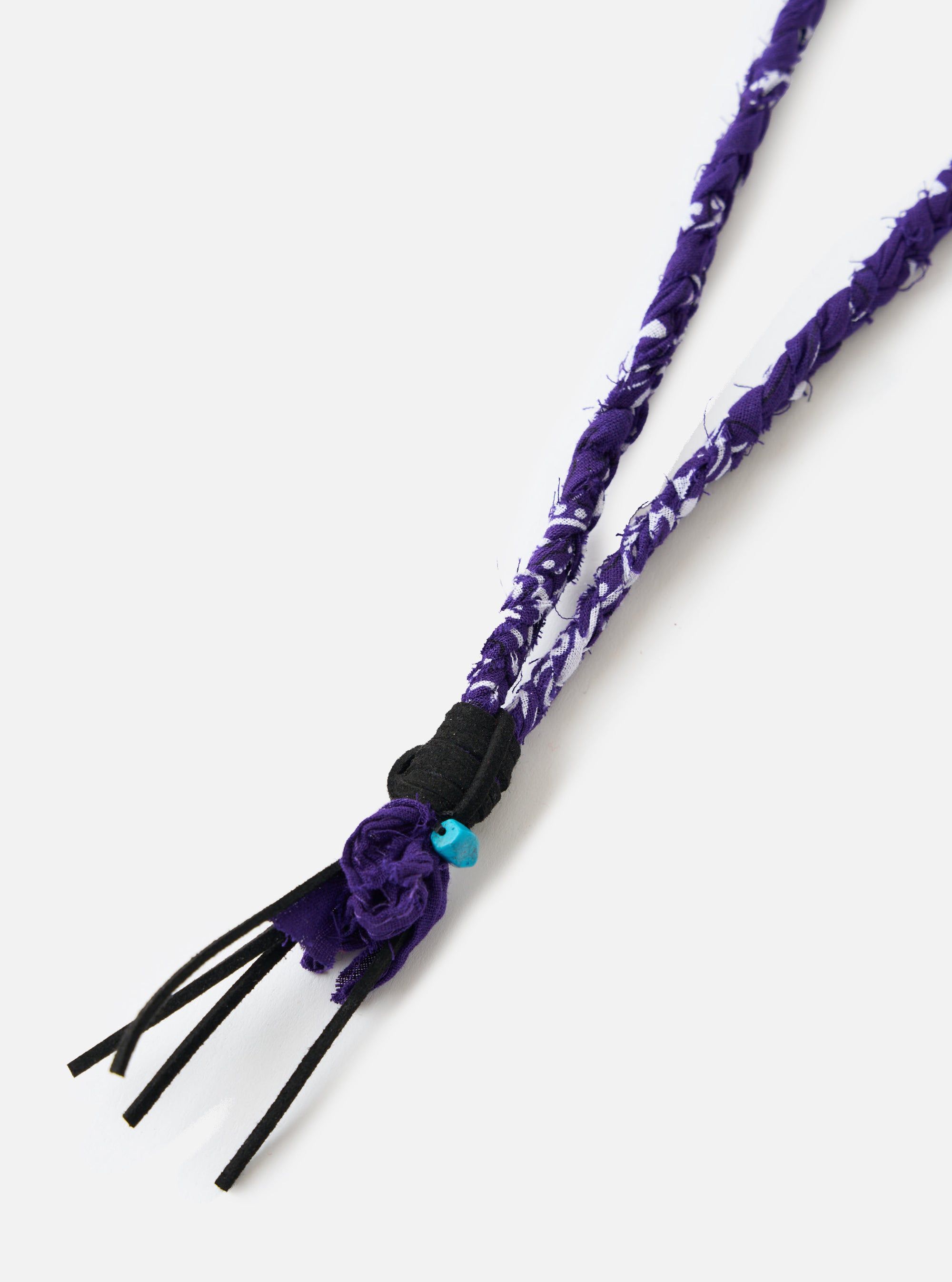 Hanami of Rome Purple/Black Leather/Turquoise Bead Bandana Necklace No.54 on a white background. The necklace features purple bandana fabric, black leather strands, and a turquoise bead.