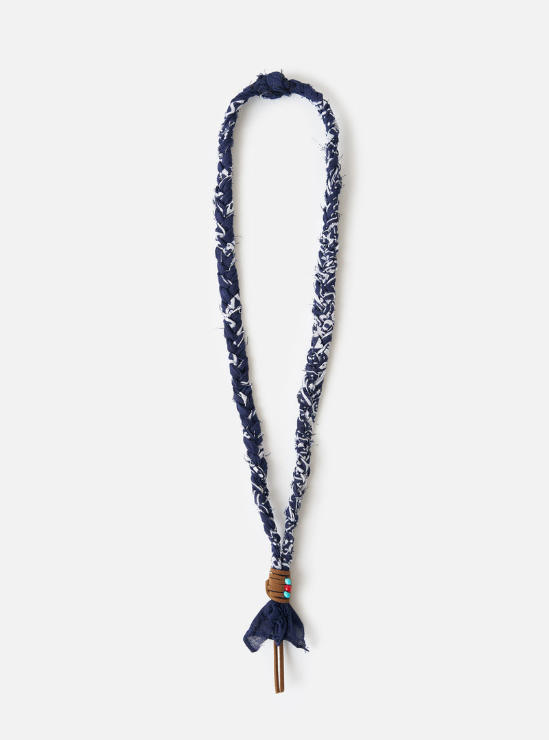 Hanami of Rome Blue/Brown Leather/Turquoise-Red Bead Bandana Necklace No.56 on a white background. The necklace features a blue and white braided bandana with leather and bead accents.