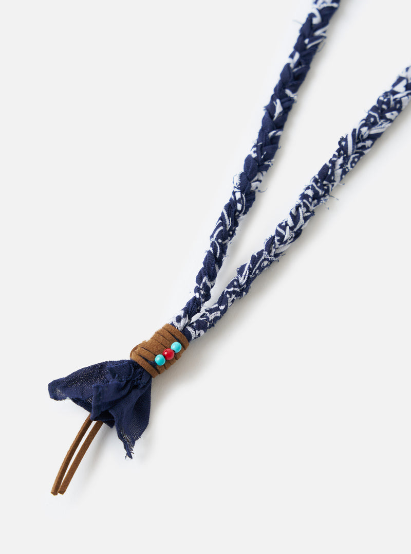 Hanami of Rome Blue/Brown Leather/Turquoise-Red Bead Bandana Necklace No.56 on a white background. The necklace features a blue and white braided bandana, brown leather, and turquoise and red beads.