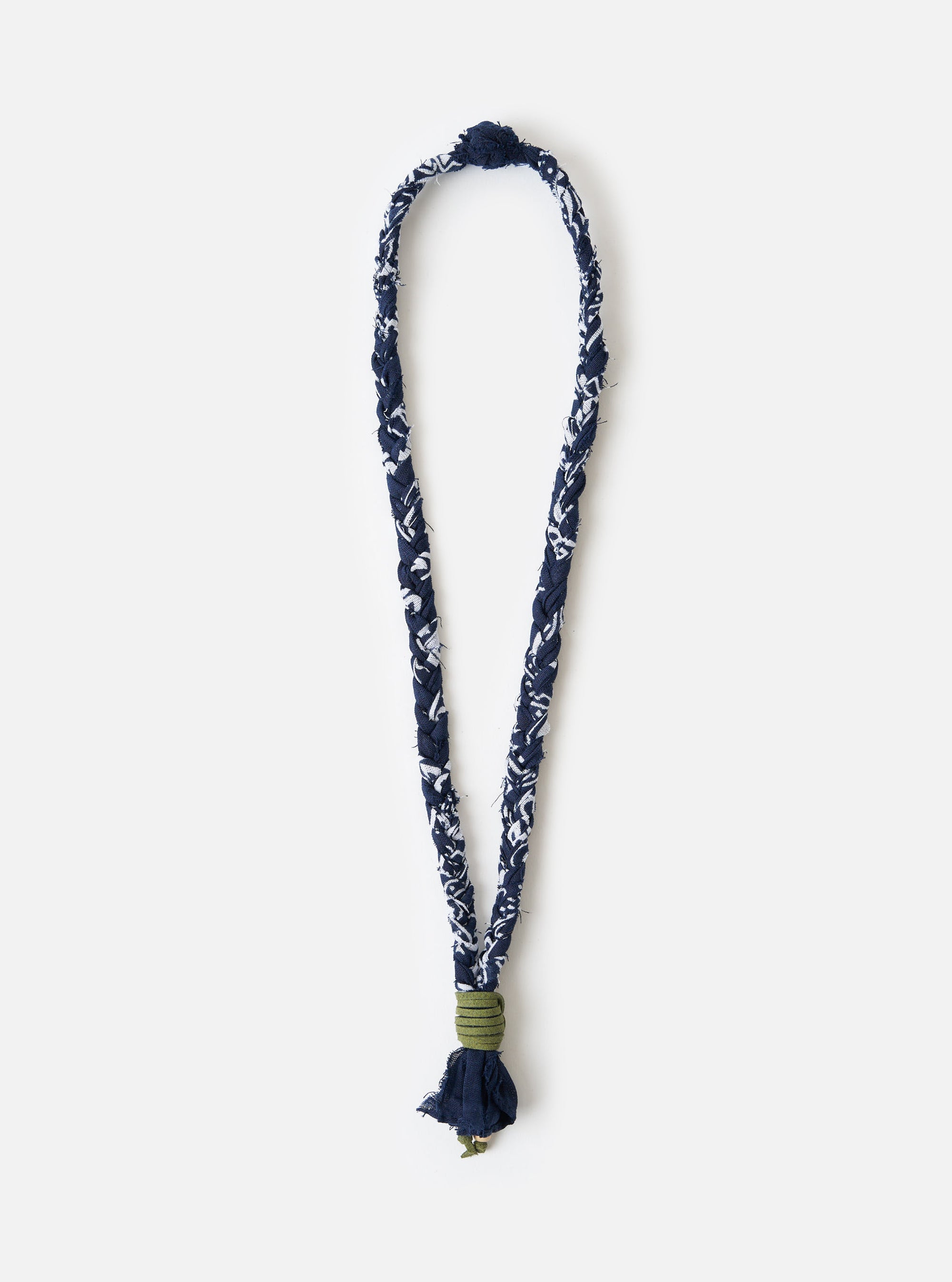 Hanami of Rome Blue/Military Green Leather Bandana Necklace No.57 on a white background. The necklace is made of blue and white braided fabric with a military green leather accent.