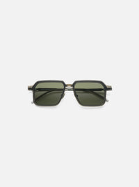 Close-up of A. SOCIETY x Universal Works Olive/Green Kowloon Eyewear on a white background. The frames are olive and green with dark green lenses.