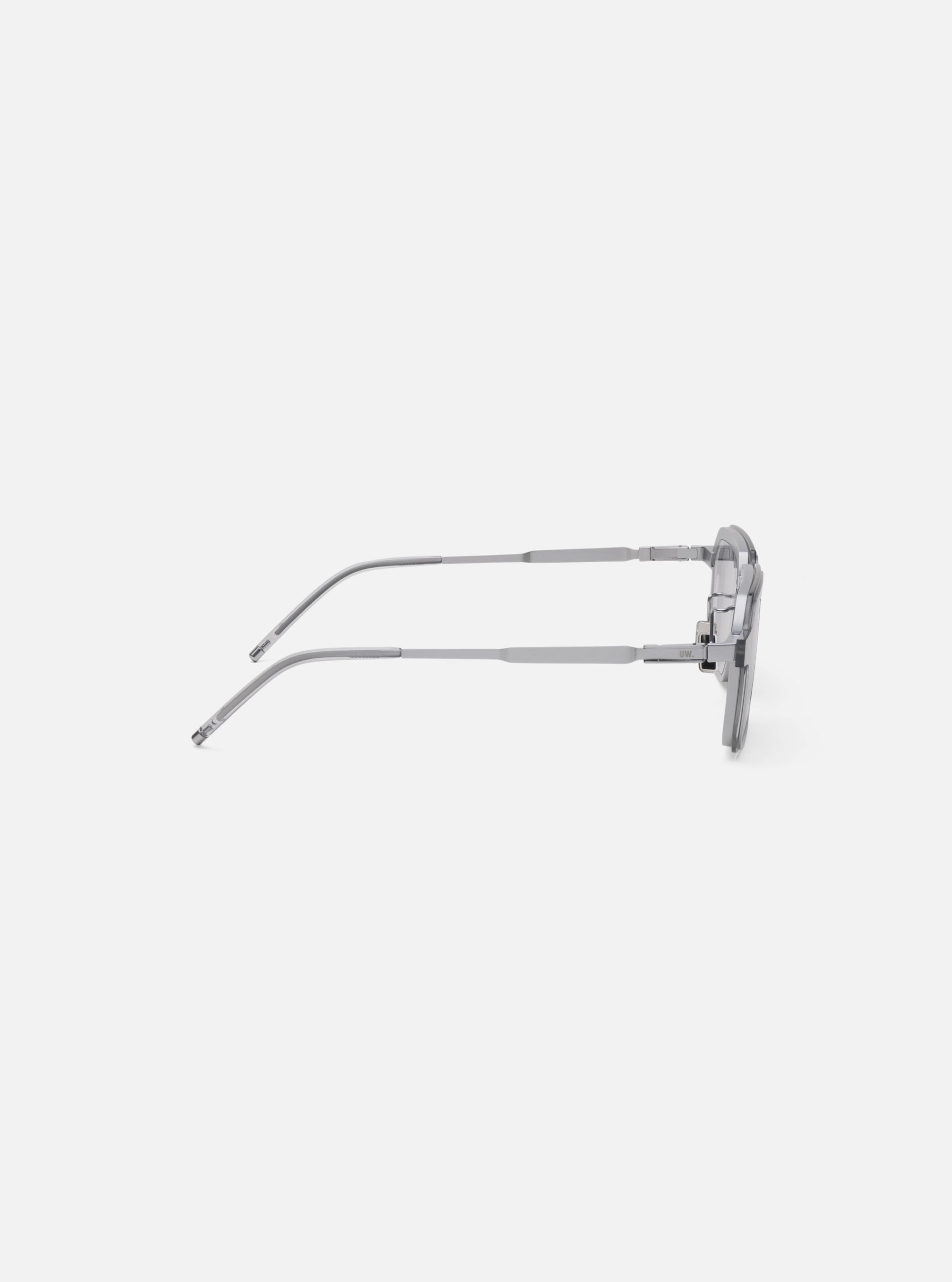 Side view of A. SOCIETY x Universal Works Silver/Grey Kowloon Eyewear on a white background. The frames are silver and grey.