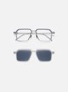 A. SOCIETY x Universal Works Silver/Grey Kowloon Eyewear on a white background. The frames are silver/grey. The sunglasses attachment has dark lenses.