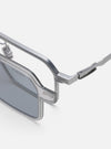 Close-up of A. SOCIETY x Universal Works Silver/Grey Kowloon Eyewear on a white background. Features silver frames and grey lenses. 